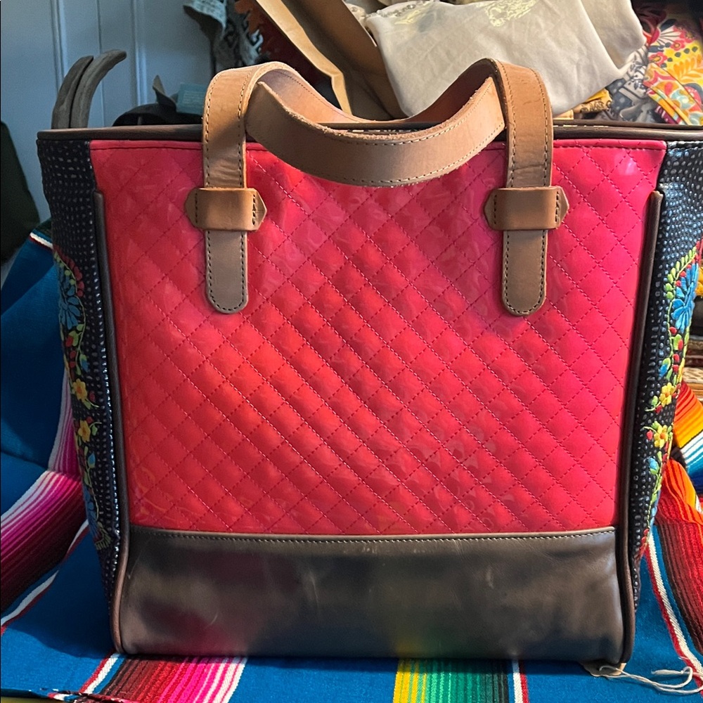 Consuela Quilted Coral Pink Tote with Brown Trim and Floral Side Panels